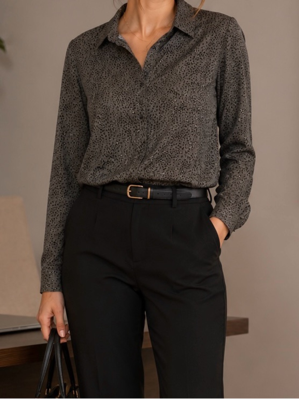 Merona Gray Leopard-Print Button Front Shirt